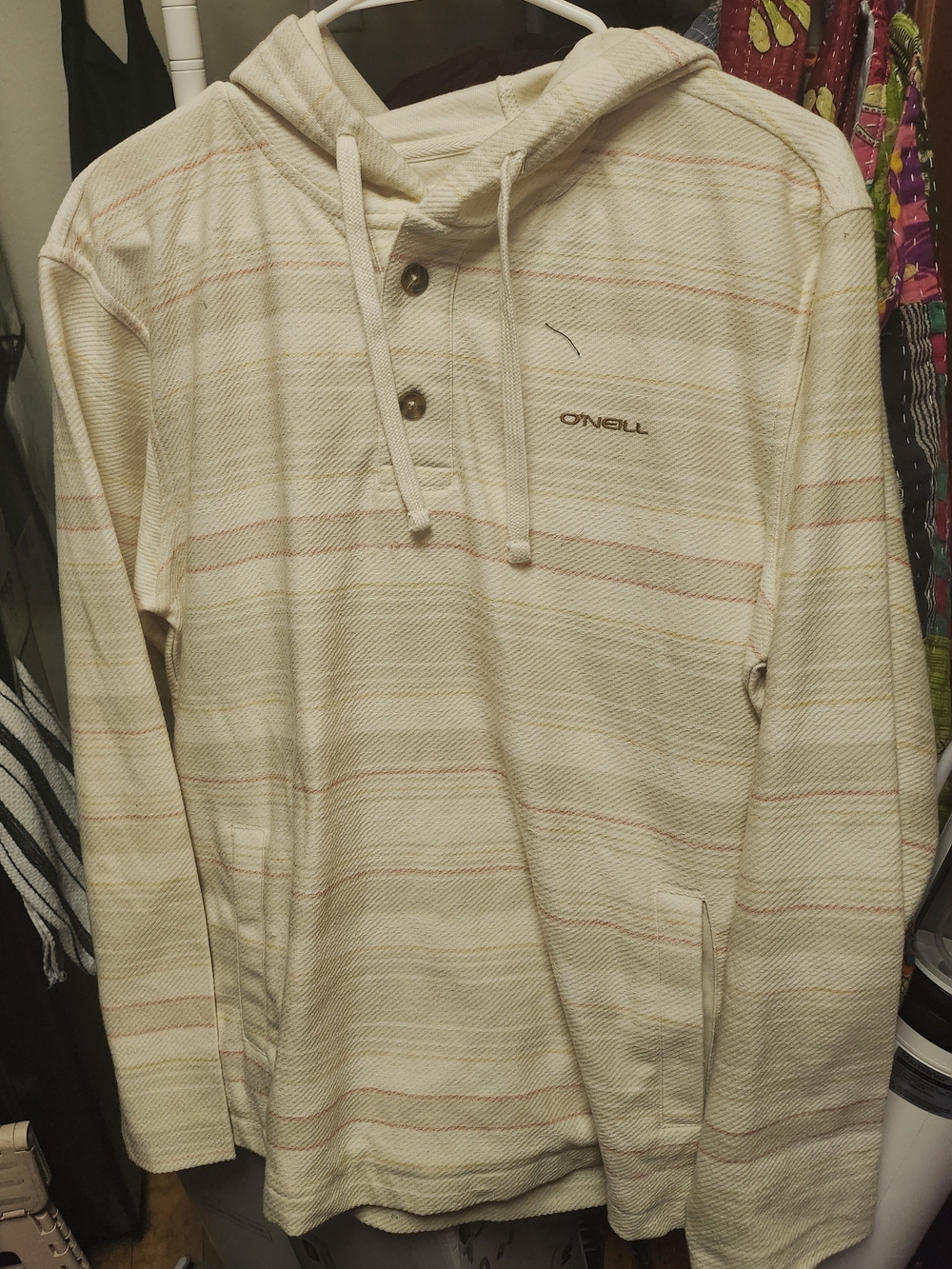 O'Neill Men's Cream Hooded Pullover with Subtle Pink Stripes